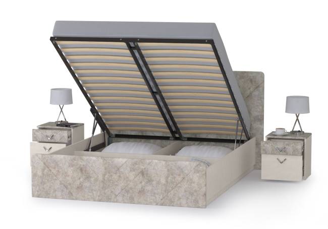 Кровать 1600 с подъёмным ортопедическим основанием и двумя тумбочками Амели 11.31 цвет шёлковый камень/бетон чикаго беж