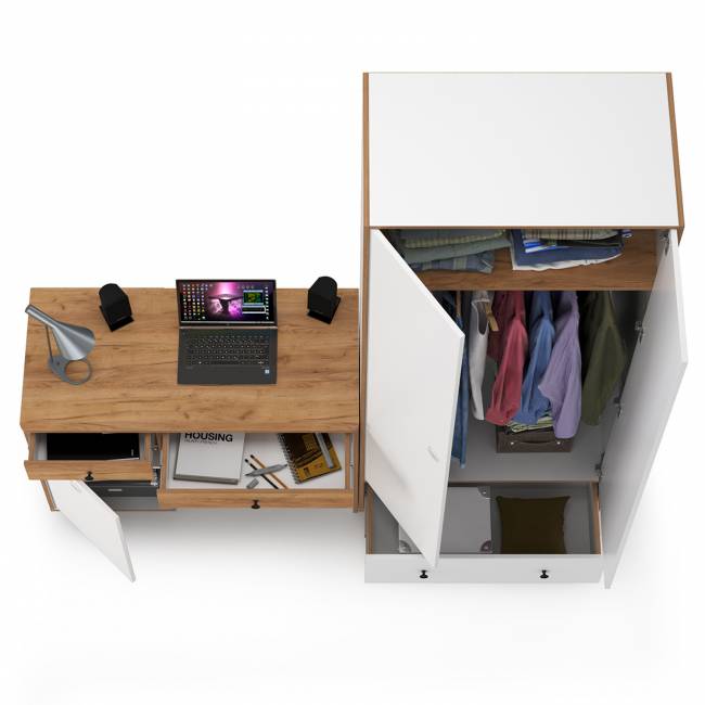 Письменный стол Вуди и платяной шкаф цвет белый премиум/дуб крафт золотой Письменный стол Вуди и платяной шкаф цвет белый премиум/дуб крафт золотой