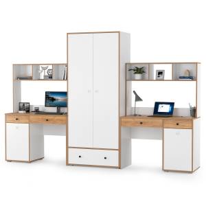 Два компьютерных стола и платяной шкаф Вуди цвет белый премиум/дуб крафт золотой