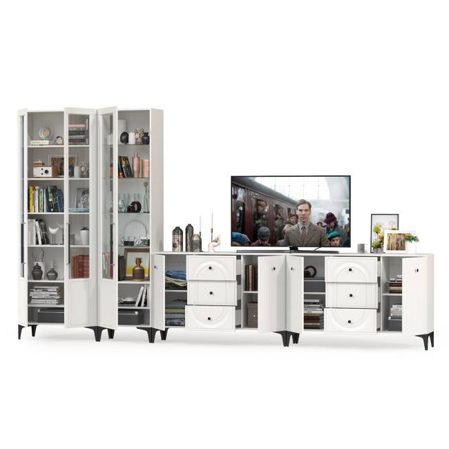 Валенсия два комода-тумбы и сервант три дверки № 123 цвет белый шагрень Валенсия два комода-тумбы и сервант три дверки № 123 цвет белый шагрень