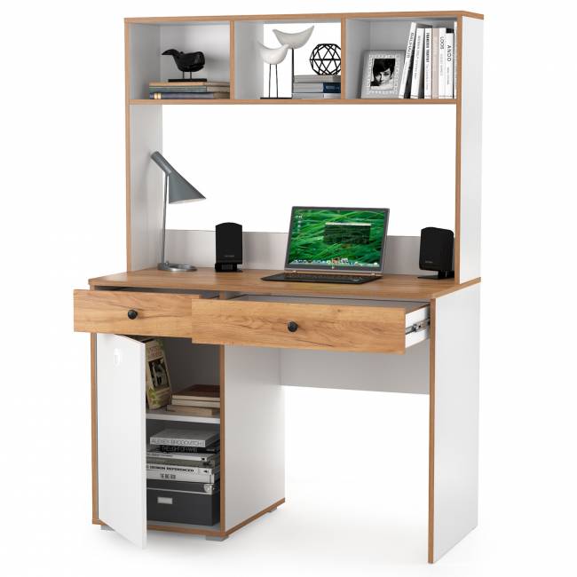 Письменный стол с надстройкой Вуди цвет белый премиум/дуб крафт золотой