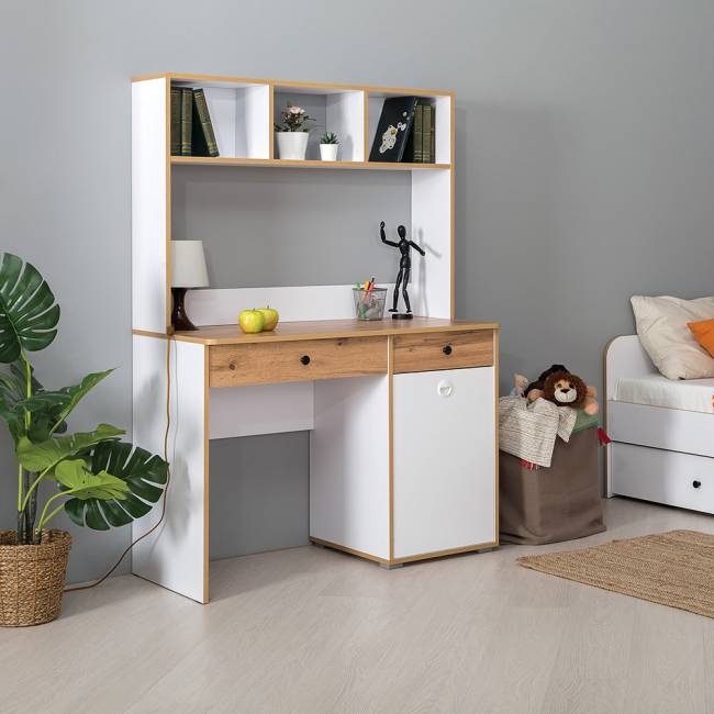 Письменный стол с надстройкой Вуди цвет белый премиум/дуб крафт золотой