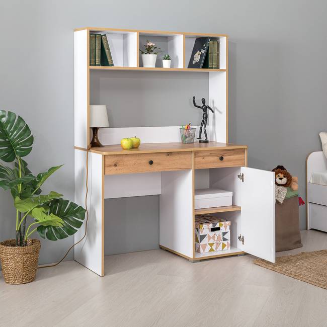 Письменный стол с надстройкой Вуди цвет белый премиум/дуб крафт золотой