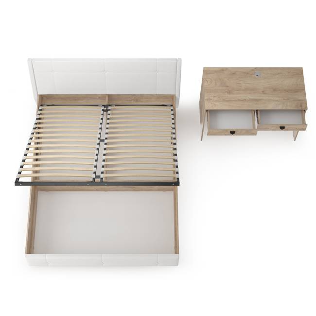 Кровать Муссон с подъёмным основанием и туалетным столиком цвет дуб эндгрейн элегантный/искусственная кожа белая