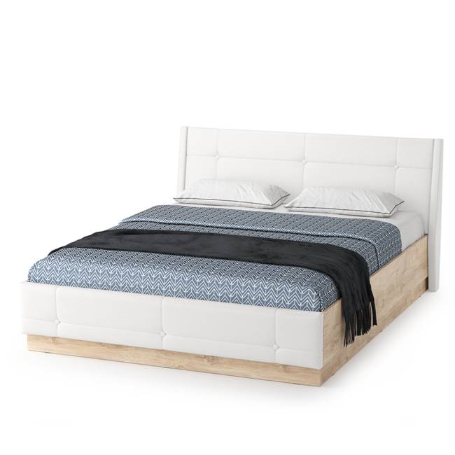 Кровать Муссон с подъёмным основанием и туалетным столиком цвет дуб эндгрейн элегантный/искусственная кожа белая