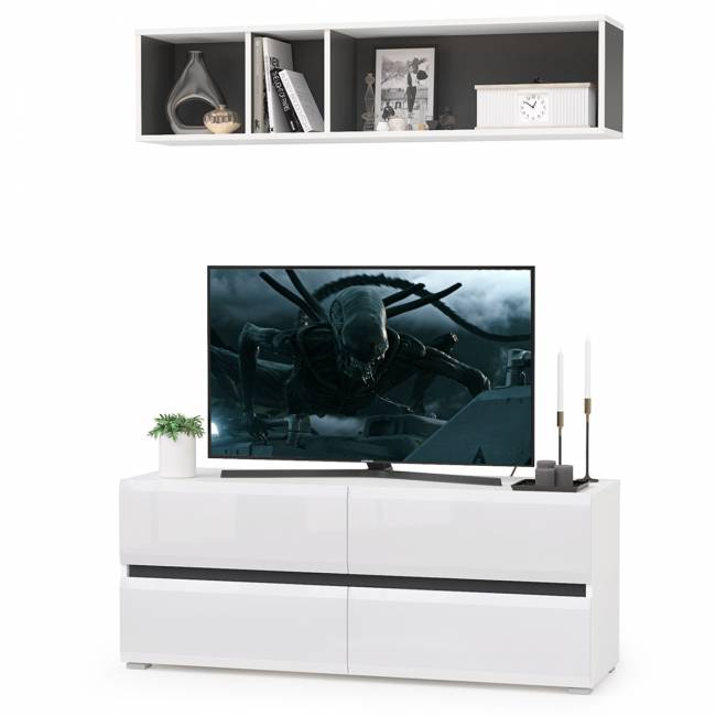 ТВ тумба Сидней с полкой цвет белый/чёрный/фасады МДФ белый глянец