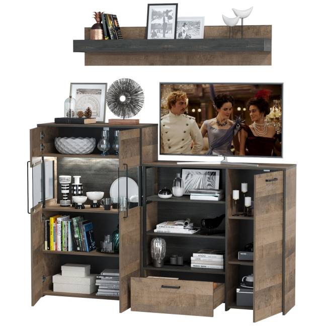 Комод с витриной с подсветкой и комод с дверкой и ящиком Трувор цвет дуб гранж песочный/интра